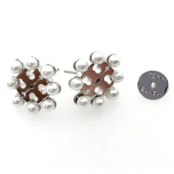 Tory Burch Kira Silver Imitation Pearl Stud Earrings - Picture 2 of 8